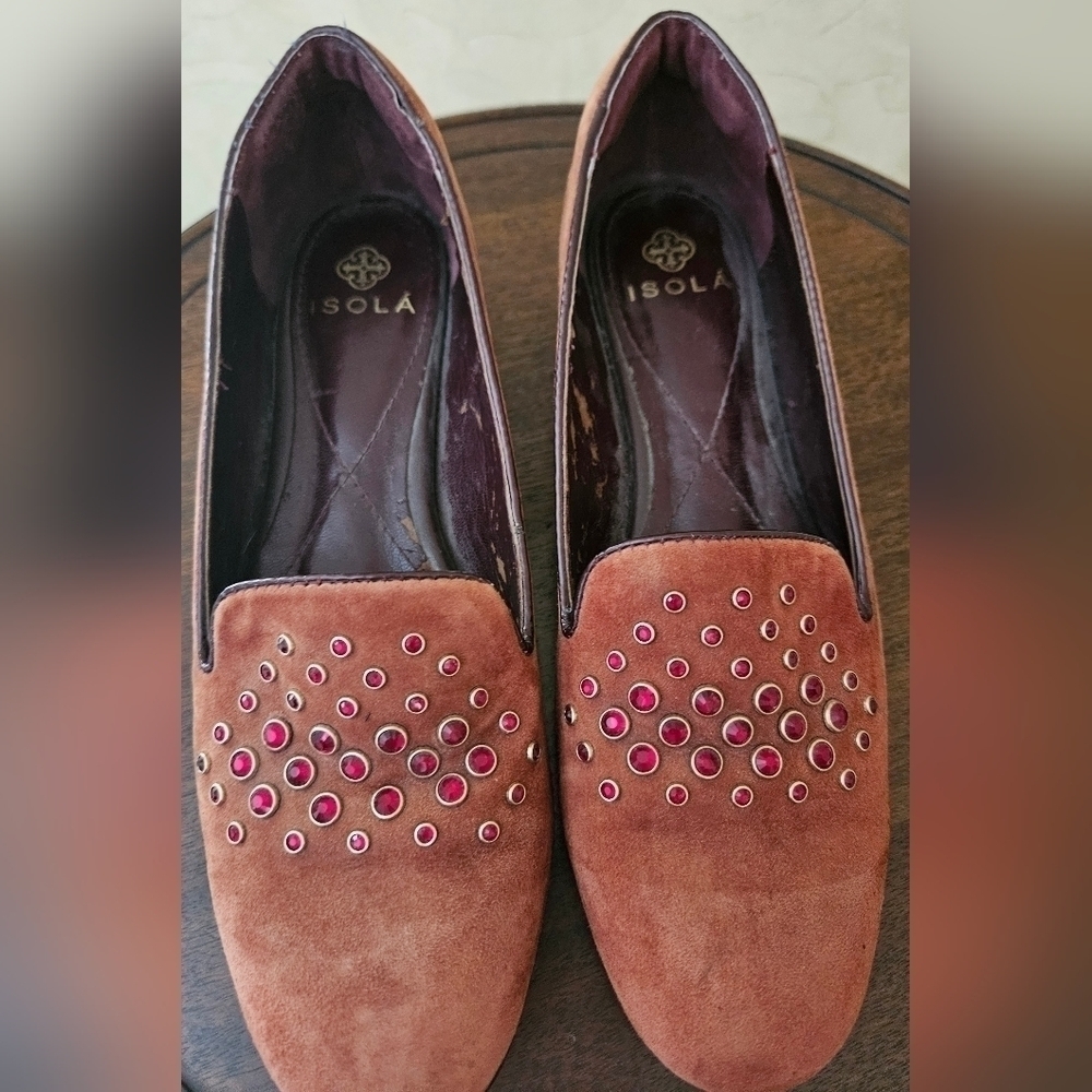 Isola Burgundy Genuine Suede Leather Red Stone Slip-on Flats Shoes-Size 6 - Picture 6 of 8